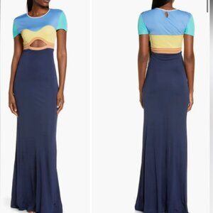 Staud Piera Colorblock Cutout‎ Column Gown in Cool Ocean XS NWT